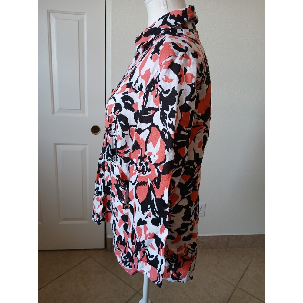 David Brooks Floral Linen Blouse XL Button Front Belted Casual Top - Picture 5 of 16